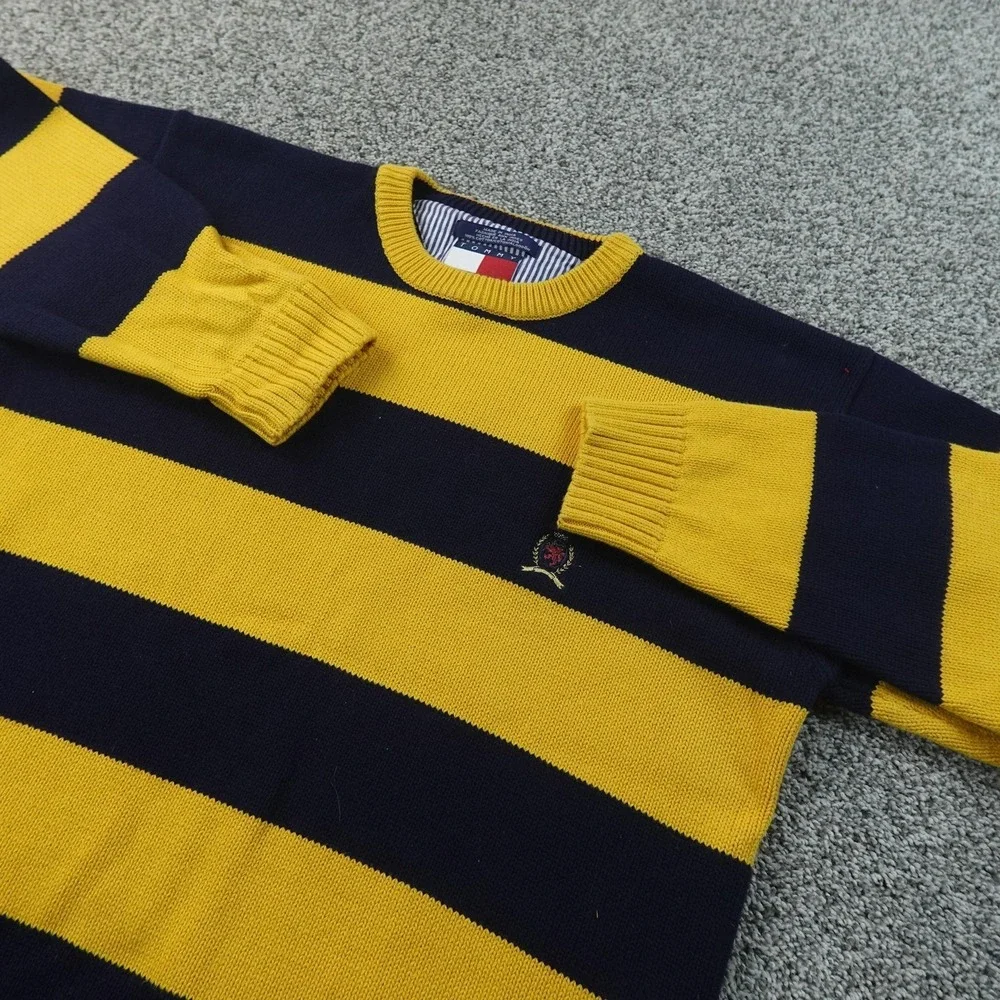 VTG Tommy Hilfiger Sweater Mens XL‎ Blue Yellow Rugby Striped Crewneck Pullover